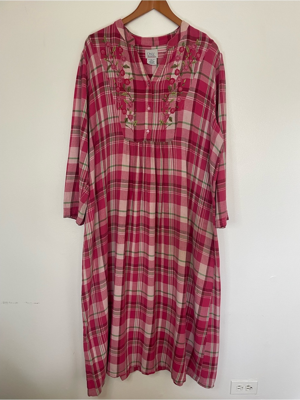 Pink & Green Maxi Plaid Shirt Dress 100% Cotton Size 2X Cottagecore Embroidered